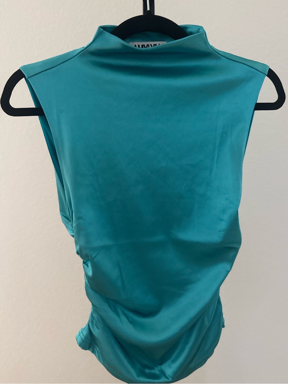 AMYLYNN Turquoise Satin Ruched Side Draped Mock Neck Top XS